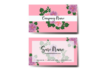 Business Card Template Hollyhocks Flower .Double-sided Blue Colors. Flat Design Vector Illustration. Stationery Design