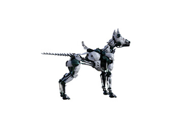 Cyborg dog with various poses for using a collage. Cyborg dog with black and white textures created in 15 degree steps. 3D rendering, 3D illustration