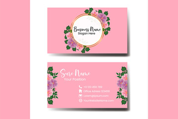 Business Card Template Hollyhocks Flower .Double-sided Blue Colors. Flat Design Vector Illustration. Stationery Design