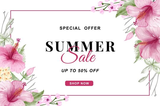summer sale banner with flower hibiscus watercolor