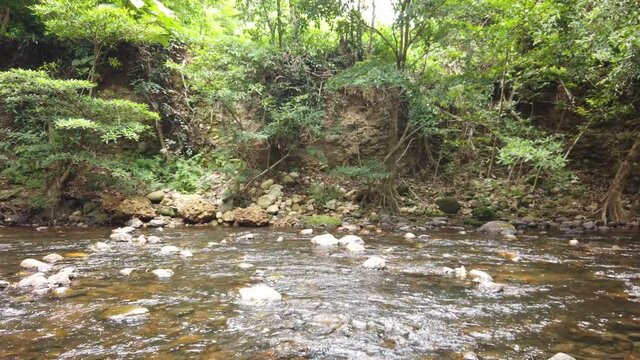Crystal clear white water flowing downstream over stones and pebbles which make up the riverbed. Wang Takrai stream in Namtok Wang Ta Krai nature park in Nakhon Nayok, Thailand.