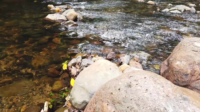 Crystal clear white water flowing downstream over stones and pebbles which make up the riverbed. Wang Takrai stream in Namtok Wang Ta Krai nature park in Nakhon Nayok, Thailand.
