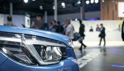 Car and blurred people in motor show exhibition, car dealership showroom　車の展示会...