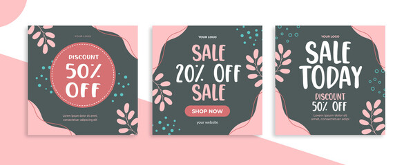 Set of Editable minimal square banner template. Pink and Green background color with tropical shape. Suitable for social media post and web internet ads. Vector illustration with photo college