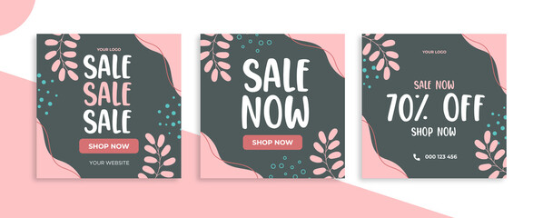 Set of editable square promotional banner templates for Instagram post, Facebook square, post feed for personal, advertisement, discount, sale, black friday with floral illustration design