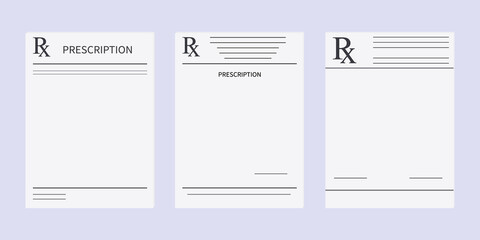Prescription pad, template medical form. Realistic set paper document rx, doctor's prescription. An example of a recipe for design. Medical marks report, appointment drugs, healthcare concept. Vector © TaMih