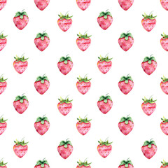 Watercolor illustration. Seamless pattern on a white background with ripe red strawberries in a watercolor style