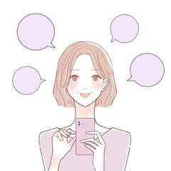 スマホで口コミを投稿する中年女性