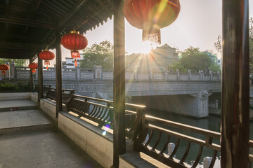 Rivers, roads and ancient buildings in the Confucius Temple scenic spot in Nanjing, Jiangsu Province, China.