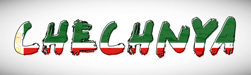 Chechnya flag on text typography. Country name banner strip. Creative typography background