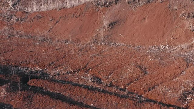 The texture of clay matter - the consequences of a landslide. Clay landslide after a downpour.