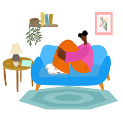 Obraz premium Apathetic woman on sofa.The concept of procrastination and apathy.Depressed.Flat illustration