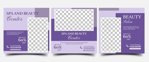 Spa, beauty, massage social media post template design. Modern banner template with purple color and place for the photo.