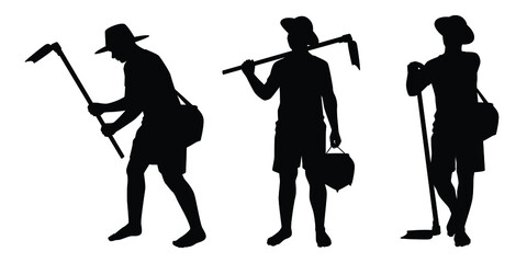 Set of Asian gardener with hoe for working silhouette vector on white background