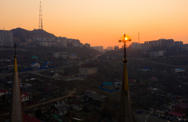 Fototapeta premium Beautiful Catholic Church of the Most Holy Theotokos at sunrise