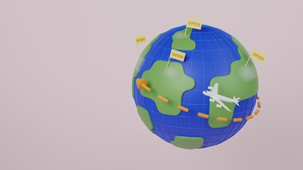 Model world with passenger plane. Concept of opening a country For tourism After the epidemic to stimulate the economy. 3d render.