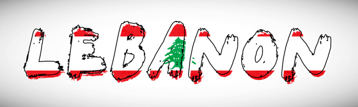 Lebanon flag on text typography. Country name banner strip. Creative typography background