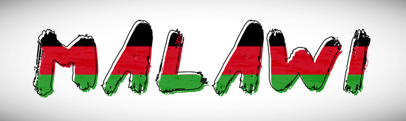 Malawi flag on text typography. Country name banner strip. Creative typography background