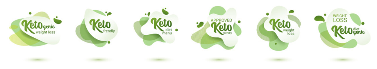 Keto frendly badge set. Green amoeba design of sticker for keto diet menu, poster, flyer.