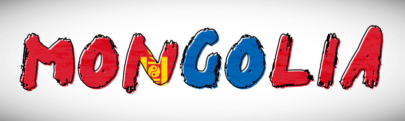 Mongolia flag on text typography. Country name banner strip. Creative typography background