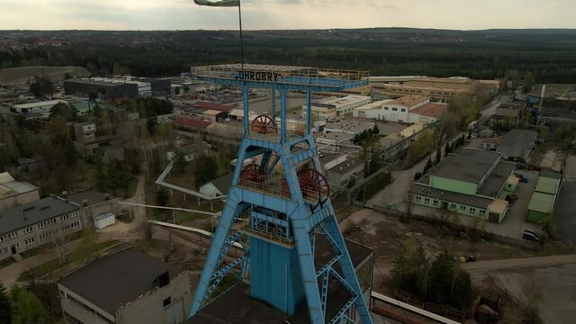 Top Aerial of Chrobry Zinc lead ore mine shaft headframe, Olkusz, Poland
