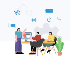 illustration of startup employees discussing the internet, servers, databases and technology