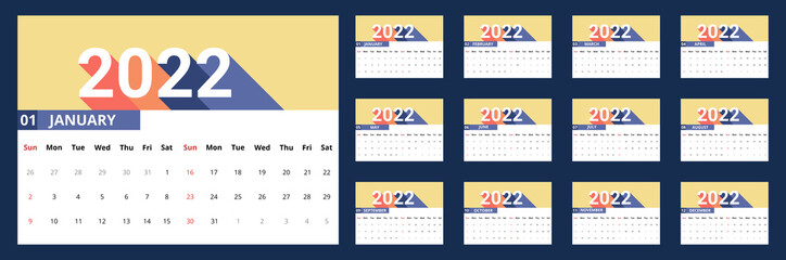 vector of calendar 2022. 2022 calender with retro design. desk calendar with sunday as weekend. week start on sunday. good for planner, daily log, schedule, timeline, business, etc.
