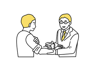 注射をする男性医師　予防接種をうける男性