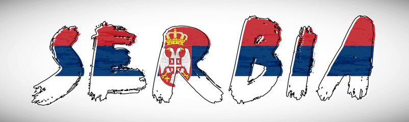 Serbia flag on text typography. Country name banner strip. Creative typography background