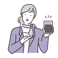 シンプル　イラスト　お得な価格を案内する電卓を持った女性