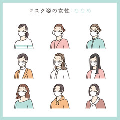 シンプル　イラスト　マスク姿の女性の上半身
