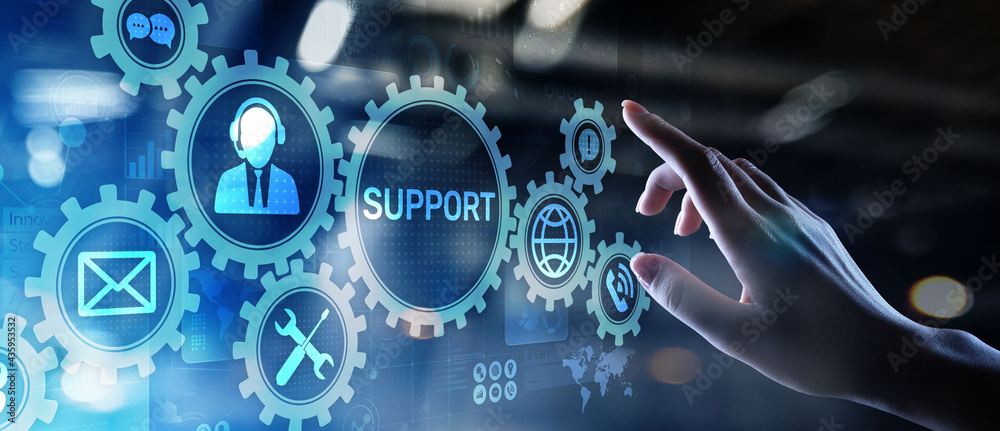 Poster Support button on virtual screen. Customer service and communication concept.
