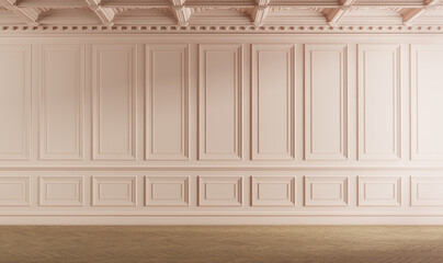 Classic empty room with boiserie on the wall. Pink colored. 3d illustration