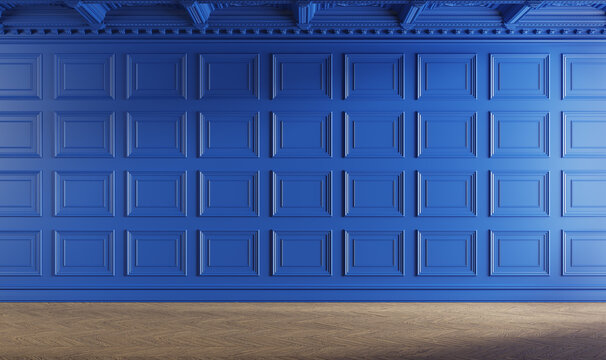 Classic empty room with boiserie on the wall. Blue colored. 3d illustration