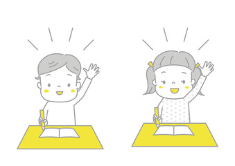 授業中に張り切って手を挙げる男の子と女の子