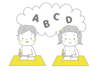 楽しそうに英語を勉強する男の子と女の子