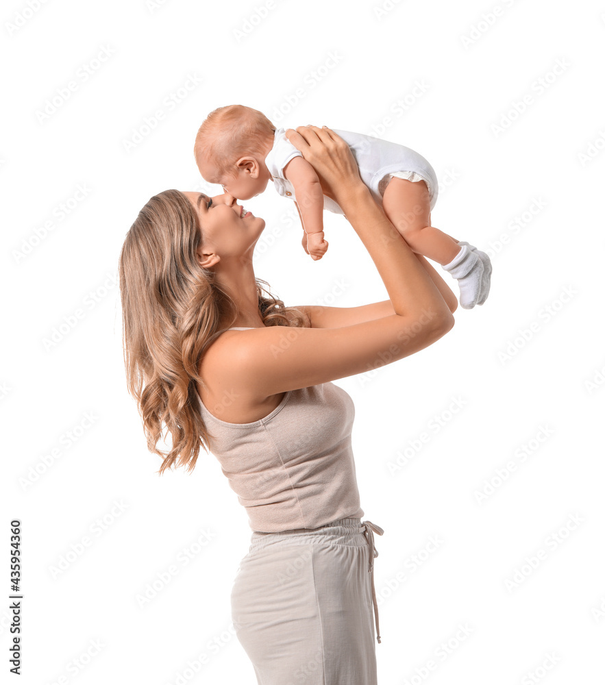 Sticker Mother playing with cute little baby on white background