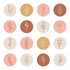 Hand drawn Instagram story highlight with minimal floral leaf, flower, branch elements. Doodle sketch style. Isolated vector illustration for logo, insta highlight, icon.