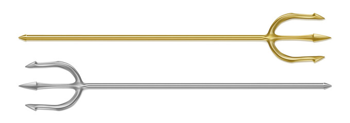 Gold, silver trident, devil pitchfork isolated on white background. Vector realistic set of mythology weapon of greek god Poseidon, Triton or Neptune. Demon tridental spear - obrazy, fototapety, plakaty