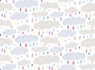 Cute childish pattern with coloful drop and cloud on a white background. Vector natural texture with color rain. Gentle sky wallpaper. Fabric with multicolored rainfall