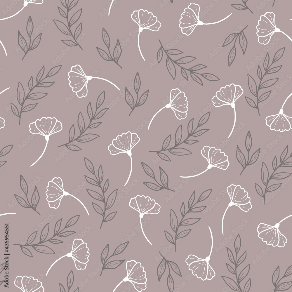 Aufkleber Hand drawn seamless floral pattern with simple little flower branch. Doodle sketch line style. Vector illustration for nature foliage wallpaper, background, textile design..