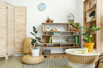 Interior of modern room with shelf units