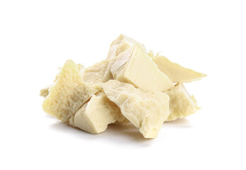 Pieces of cocoa butter on white background