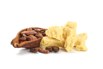 Cocoa butter and beans on white background