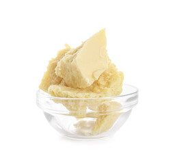 Bowl with cocoa butter on white background