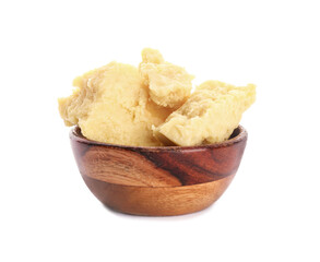 Bowl with cocoa butter on white background