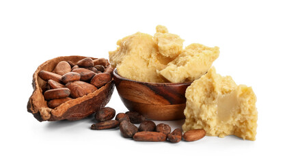 Bowl with cocoa butter and beans on white background