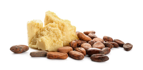 Cocoa butter and beans on white background