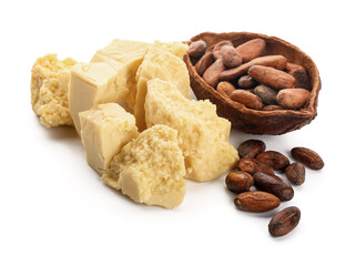 Cocoa butter and beans on white background