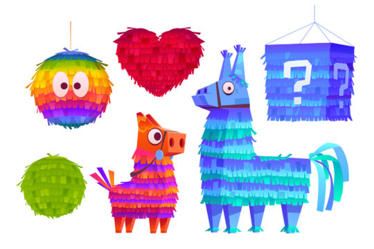 Pinata for birthday party, mexican holiday and carnival. Funny toy from crepe paper with candies or surprise inside. Vector cartoon icons of funny pinata in shape of donkey, horse, heart and ball
